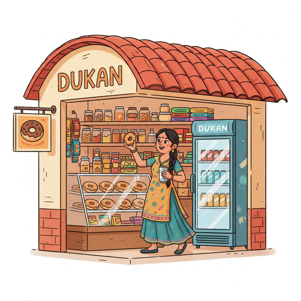 Memory hook illustration for the word दुकान