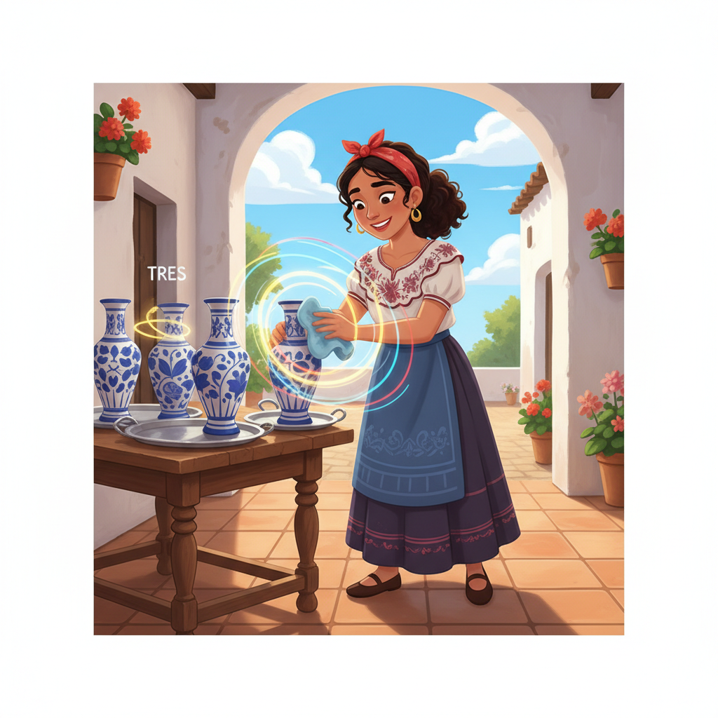 Memory hook illustration for the word tres veces